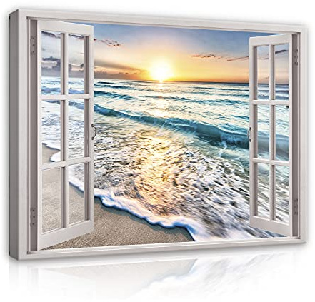 WallArena Leinwand Bilder 80x60 cm | Fensterblick Strand Meer Landschaft Fenster, Format: 80x60 cm (BxH) - einteilig auf Canvas Leinwand. Das Leinwand