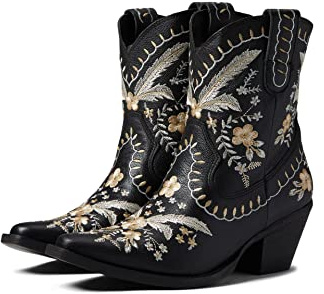 Dingo Womens Primrose Floral Embroidered Pull On Snip Toe Casual Boots Ankle Mid Heel 2-3 - Black - Size 7 M