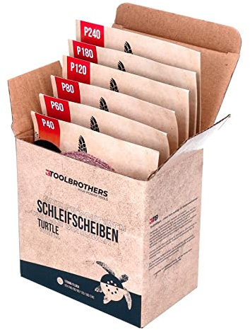 Toolbrothers TURTLE Schleifset 125mm Klett 8 Loch je 10x P40 / P60 / P80 / P120 / P180 / P240 für Hartholz, Weichholz, Lack, Stein, Stahl, Aluminium, Furnier