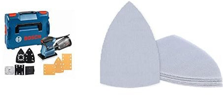 Bosch Professional GSS 160 MULTI - Lijadora orbital (3 platos 140, 160 y Delta, en L-BOXX) + 10x Set de malla de lija Expert M480, para Madera dura, Pintura sobre madera, Accesorio
