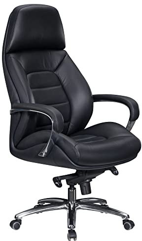 möbelando Designer Bürostuhl Bezug Echtleder Schwarz Schreibtischstuhl bis 120 kg | XXL Design Chefsessel höhenverstellbar | Drehstuhl ergonomisch mit Armlehnen & hoher Rückenlehne | Wippfunktion