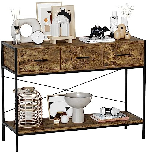 Vida Designs Brooklyn Console Table Hallway Living Room Rustic Shelf Industrial Storage Furniture (Dark Wood, 3 Drawer)
