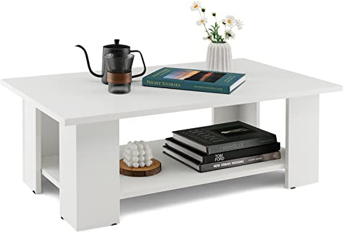 COSTWAY Tavolino da Salotto in Legno, Tavolino Basso Modero in Legno a 2 Livelli con Ripiano Aperto, Tavolo Rettangolare per Soggiorno, Studio e Sala di Ricevimento, 90 x 52 x 32 cm, Bianco
