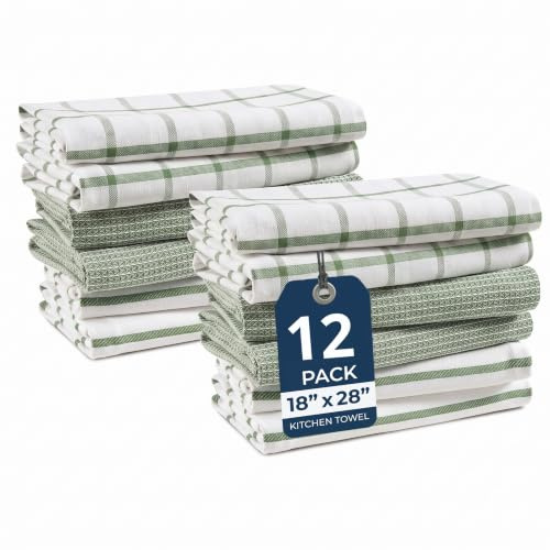 LANE LINEN Kitchen Towels Set - Pack of 12 Cotton Dish Towels for Drying Dishes, 18”x 28”, Premium Hand Towels, Tea Towel, Quick Drying Kitchen Towel Set - Olive