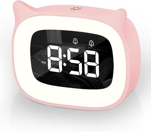 Aoreun Sveglia Bambini da Comodino, Sveglia Digitale con Led Numeri Grandi, Carina Gatti, Luce Notturna Funzione Snooze Timer 18 suonerie 5 modalità comodino per Bambin Porta di Ricarica USB (Rosa)
