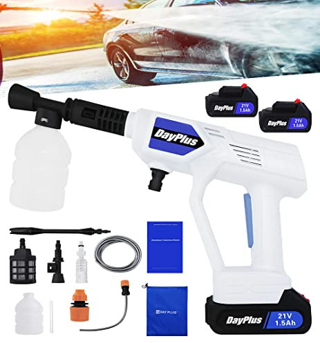 Akku-Jet-Waschmaschine Auto-Hochdruckreiniger mit Schaumpistole, 2,8-3 L/min Mobile Hochdruckreiniger mit Düse und 5m Schlauch für Gartenfenster, Ladegerät & 21V Li-Ion 2xAkkus