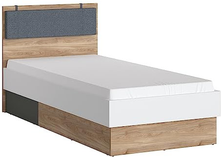Lomadox Jugendbett 90 cm mit dunkelgrauem Kopfteilpolster, Eiche Nb. mit weiß und grau, B/H/T ca. 95,3/95,5/204,9 cm