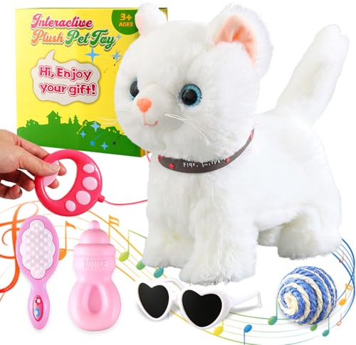 Marsjoy Ensemble de Chat Qui Marche en Laisse Blanche Chantant Qui ronronne et miaule Robot en Peluche animé Chaton Animal de Compagnie en télécommande Mignon Jouet robotique Kawai pour Enfant