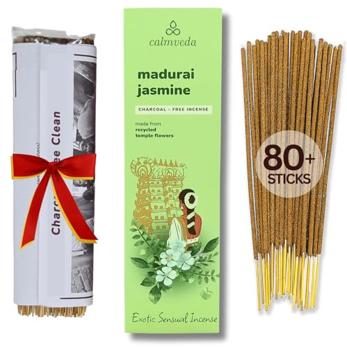 Calmveda Räucherstäbchen Jasmin weihrauch Bio - (80 weihrauch) Räucherstäbchen Set ohne Kohle, hergestellt aus Upcycled-Blumen | Reichhaltiges, dekadentes Grün, fruchtig und dennoch cremig-blumig
