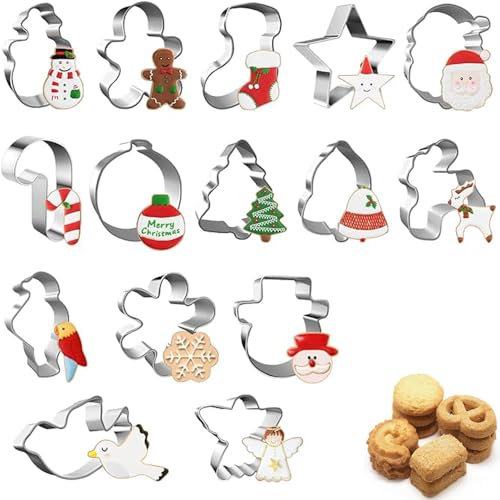 SSyang Mini Moldes Galletas, 15 Piezas Cortador de Galletas de Navidad, Navidad Cortadores de Galletas Acero Inoxidable Cookie Cutter para Infantiles, para Hornear Navidad Moldes de Galletas (Plata)