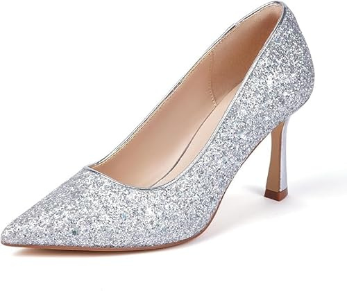 Zhabtuc Decolleté Donna Tacco Alto 10 CM, Punta Chiusa Feste e Matrimoni con Materiale Glitterato, Argento-Glitzer, 38 EU