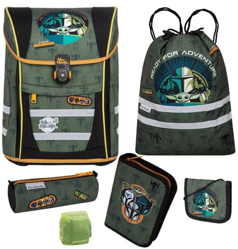 Familando - McNeill Teneris Schulranzen Set - 6-teilig mit Federmappe - Star Wars Mandalorian - Ergonomisch & Verstellbarer Brustgurt - 980g leicht mit 18L Volumen & Reflektoren - ab 1. Klasse