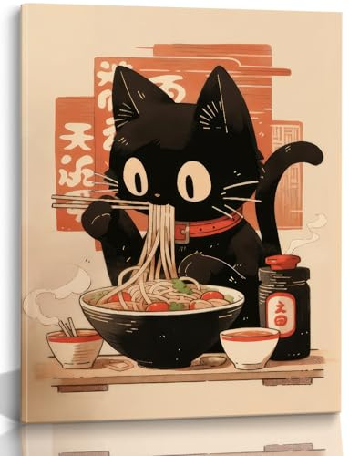 EKEYR Niedliche, lustige schwarze Katzen-Poster, Ramen-Nudeln, Wandkunst, japanische schwarze Katze, Poster, japanische Lebensmittel, Tokio, Kunstdrucke, Küche, Esszimmer, Wandkunst, Katzenliebhaber,