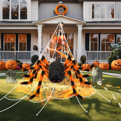 AMLOOPH Large Halloween Decorations Outdoor Spider Web And Giant Spider Set | 59 Orange Spider, 200 Triangular Giant Spider Web, 60g Cobwebs, 30 Mini Fake Spiders For Halloween House Party Decorations