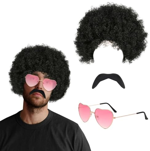 FUIPVGI Funky Afro-Perücke 3 Stück 70er-Jahre-Retro-Hippie-Anziehzubehör, Hippie-Brille, Schnurrbärte, Funky-Afro-Perücke, 60er-70er-Jahre-Zubehör für Männer, Hippie-Kostüm, Herren-Perücke (3 Stück)