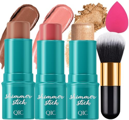 MKNZOME 3 PCS Bronzer Stick Highlighter Blush Stick, Contouring Maquillage Blush, Kit De Maquillage En Bâton De Contour avec Brosse, Longue Durée et Douceur pour Cheek, Lèvres, Yeux