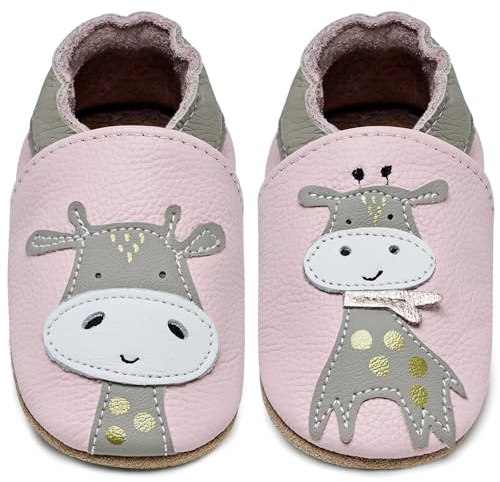 Krabbelschuhe Baby Jungen Mädchen Lauflernschuhe Baby Weicher Leder Babyhausschuhe Kleinkind Babyschuhe(Giraffe Rosa, 12-18 Monate)