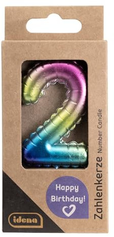 Idena 50072 - Zahlenkerze 2, Regenbogen metallic, Geburtstagskerze aus Paraffinwachs, lebensmittelecht, Größe Zahl ca. 6 x 4 x 1 cm, Länge Spieß ca. 2,5 cm