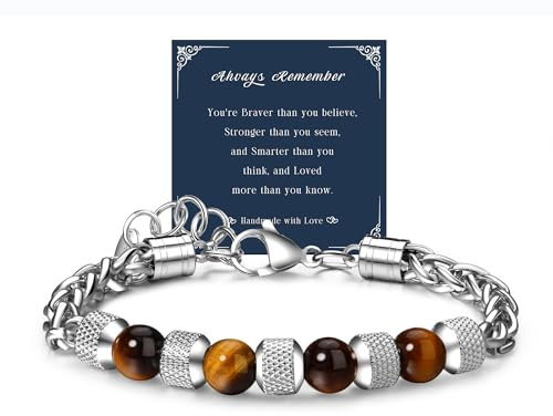 GEMAURA Bracelets for Men Stainless Steel Bracelet for Mens 8MM Tiger Eye Bracelet Natural Stone Bead Bracelet Adjustable Silver Chain Lucky Bracelet Jewelry Gift for Men