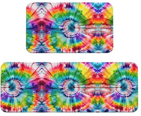 YQxwJL Batik-Küchenteppiche, Hippie-Druck, rutschfeste Küchenmatte, 2er-Set, bequeme Stehmatten für Küche, Büro
