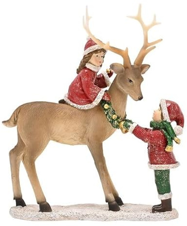 Widdop and Co. - The Seasonal Gift Co. - Victorian Boy & Girl With Reindeer Figurine Christmas Ornament Decoration. White, Green & Brown Xmas Homeware Indoor Festive Holiday Room Decor.