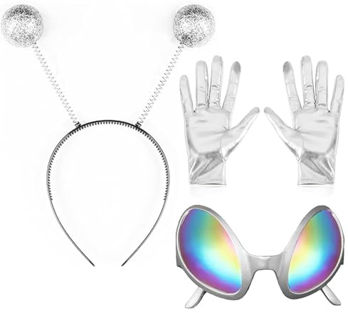 Alien Accessoires 3 Stück Alien Haarreif Brille Handschuhe Silber Space Alien Kostüm Haarreifen Fühler Weltraum Kopfschmuck für Karneval, Thema Party
