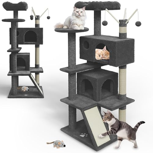 zooprinz Premium Kratzbaum XXL – Katzenbaum für große Katzen | Breiter Kletterturm mit dicken Sisal-Säulen, Höhle, Hängematte, Bällen, Seil und Plüschmaus, Dunkelgrau
