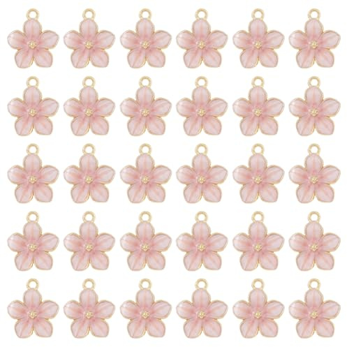 SUPERFINDINGS 60 Pezzi di Ciondoli In Lega Smaltata, Charm Floreali Pendenti In Smalto Ciliegio Fiorito Placcati In Oro, Charme Fiore Rosa, per Braccialetti Collane Orecchini Gioielli Fai Da Te