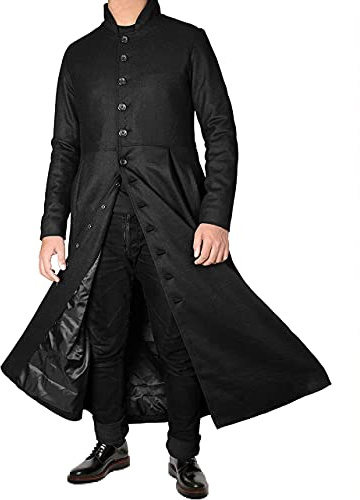 Fashion_First Trench da uomo in lana/cotone/pelle nero - cappotti invernali lunghi da uomo, Cappotto in Cotone Nero, M