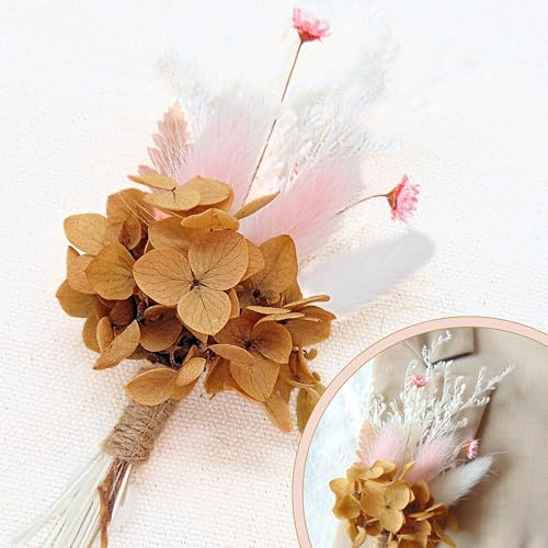 Boutonnière Mariage Homme Fleurs séchées et préservées Rose Marron - Petit Bouquet sur Support magnétique aimanté - Corsage marié témoins Broche Demoiselle d'honneur (Rose)