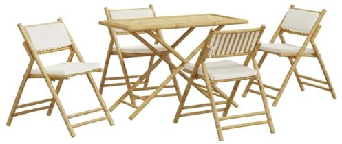 BOWEKAM Home & Garden Bistro-Set, zusammenklappbar, mit cremeweißen Kissen, Bambus-Möbel, 5-teilig