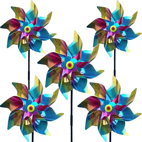 5 Pcs Windmills For Garden, Bird Scarer Windmill with Reflective Holographic Strips, 55 cm Garden Windmill, Bird Deterrent for Gardens, Crops, Flowers, Lawns and Orchards