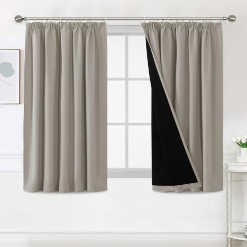 H.Versailtex 100% Blackout Curtains for Bedroom, Pencil Pleat Black Out Living Room Curtains Super Soft Thermal Insulated Curtain Pair Panel with Tiebacks, W46x L54 Inch, 2 Panels, Natural Sand