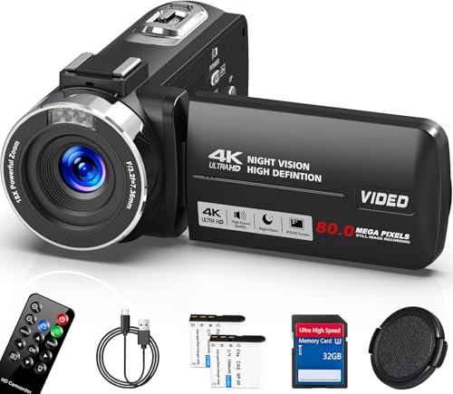 Caméscope vidéo 4K HD 80MP Vlogging Caméra pour YouTube, caméra de vision nocturne IR 30 FPS, zoom numérique 18X 3.0 270 ° IPS écran caméra vidéo avec carte SD, 2 piles, télécommande