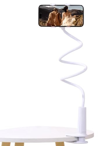 QINGZY Supporto Cellulare a Collo di Cigno Regolabile a 360°, Braccio Lungo Flessibile per Smartphone per Letto, Ufficio, Scrivania, Camera da Letto (Bianco)