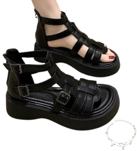 Sandalias de cuña con diamantes de imitación, sandalias de piel tipo gladiador con tiras negras para mujer, ajuste ancho con soporte de arco, D Negro, 36.5 EU