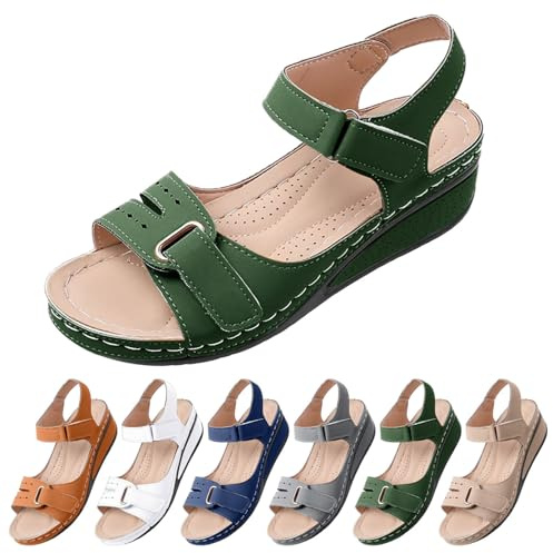 Generiska sandaler damer sommar med klack, sandaler damer elegant justerbart spänne lediga sandaler tjock sula skurna sandaler luftgenomsläppliga bekväma fötter kilsandaletter, Grön, 38 EU