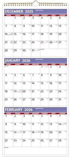 2026 Wall Calendar - 3 Month Calendar 2026 Vertical, Jan 2026 - Dec 2026, 3 Month Wall Calendar 2026, 11 x 26 In Open, 2026 Calendar with Large Print, Holidays, Thick Paper, Priorities ＆ Notes, Purple