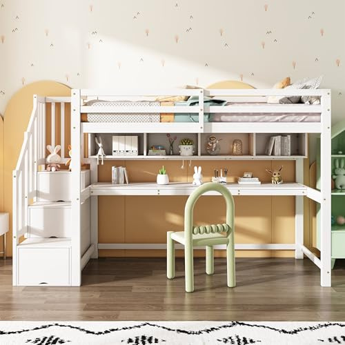 Merax Kinderbett Hochbett 90x200 cm, mit Treppe Staufach Stauraum, Schreibtisch und Bücherregal, Platzsparendes Kinder Etagenbett mit Lattenrost und Rausfallschutz, Ohne Matratze, Weiß/242.5×95×165cm