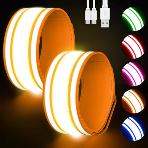 Samlior LED Armband Aufladbar 2 Stück, Reflective LED Leuchtarmband, 5 Farben 3 Lichtmodi Leuchtbänder USB Reflektorband, Running Reflektoren Armbänder für Running Joggen Radfahren