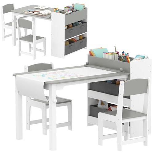AIYAPLAY Set Tavolo e Sedie per Bambini 3-8 Anni con Tavolino con Spazio Contenitore e 2 Sedie, Mobili per Bambini in MDF, Legno di Pino e Tessuto non Tessuto, Grigio e Bianco