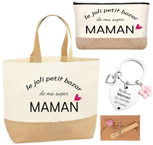 jenich Cadeau Maman Sac Le Joli Petit Bazar d’une Super Maman Porte Clé Tote Bag pour Femme Cadeau de Fin d'Année Noël