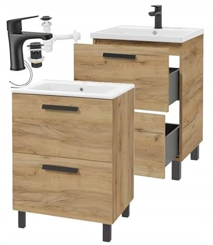 DomoDomo - Waschbeckenunterschrank 60 cm mit Waschbecken und Schubladen – Badmöbel Set stehend oder hängend, Unterschrank Badezimmer Holzoptik Eiche Gold, inkl. Armatur, Syphon & Click-Clack