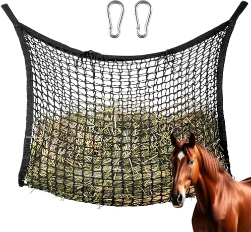 PORFOYO Filet à foin pour chevaux - 120 x 90 cm - Maille étroite avec 2 mousquetons - Filet d'alimentation avec boucle de sécurité - Capacité 10 kg - Filet à foin pour chevaux