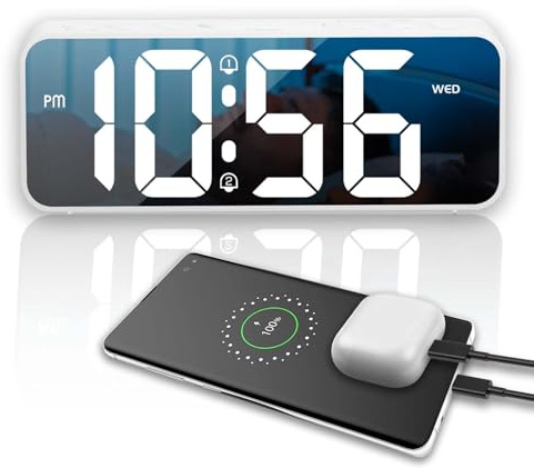 OWYELO Wecker Digital mit Großen LED Display & Großen Zahlen, Digitaler Wecker mit Dual Alarm, Snooze, Spiegeldesign, Digital Uhr mit Temperatur, 3 Helligkeitsstufen, Nachtmodus, DST, Weiß