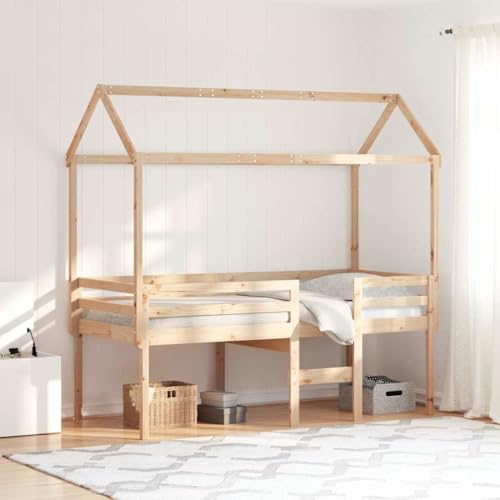 Owoxanthellate Hochbett Kiefer Massivholz 80x200 cm mit Dach Spielbett Raumsparbett Kinderbett Dachfenster Spielvorhang geeignet für kleine Räume Wohnzimmer Schlafzimmer