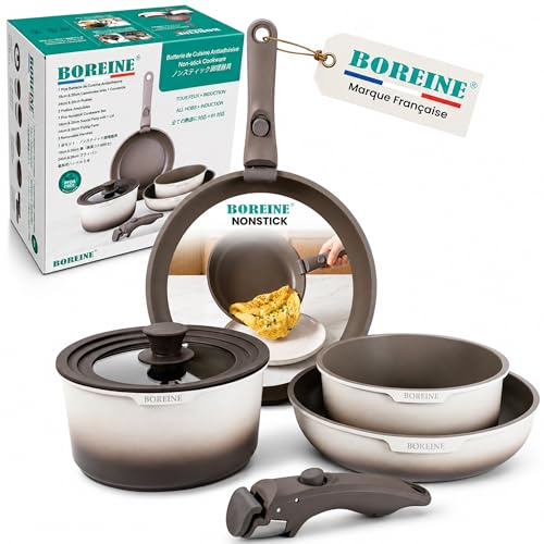 BOREINE Topfset Pfannenset 7-Teilig, Pfannen mit Abnehmbaren Griffen | Antihaft Kochgeschirr, Topf 18/20cm Pfanne 24/26cm, Stapelbar Kochset Für alle Herdarten Induktion Ceran Gas Ofenfest