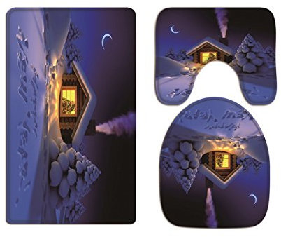 A.Monamour Badezimmer Badematte 3 Teilig Set Frohes Neues Jahr Grüße Weiß Schnee Holz Haus Schornstein Weihnachten Druck Kissen Pads Flanell Saugfähig Badteppiche Badvorleger Badgarnitur WC Vorleger