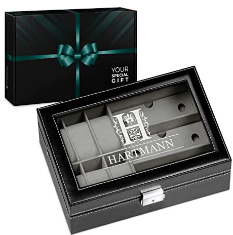 Maverton Uhrenbox mit Gravur für 6 Uhren & 3 Brillen - 33x20x8cm - Uhrenkasten aus Kunstleder - Schwarz - Geschenk für Männer - Weihnachtsgeschenke - Monogramm