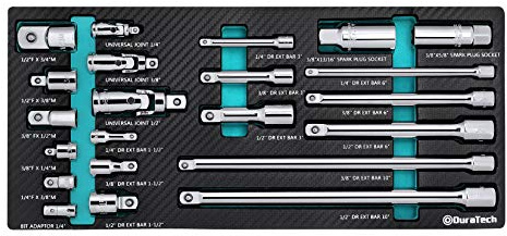 DURATECH 22-Piece Drive Tool Accessory Set, Including 1/4 3/8 1/2 Extension Bars, Socket Adapters, Universal Joints, Spark Plug Sockets, Professional Socket Accessories, Cr-V Steel, EVA Foam Package